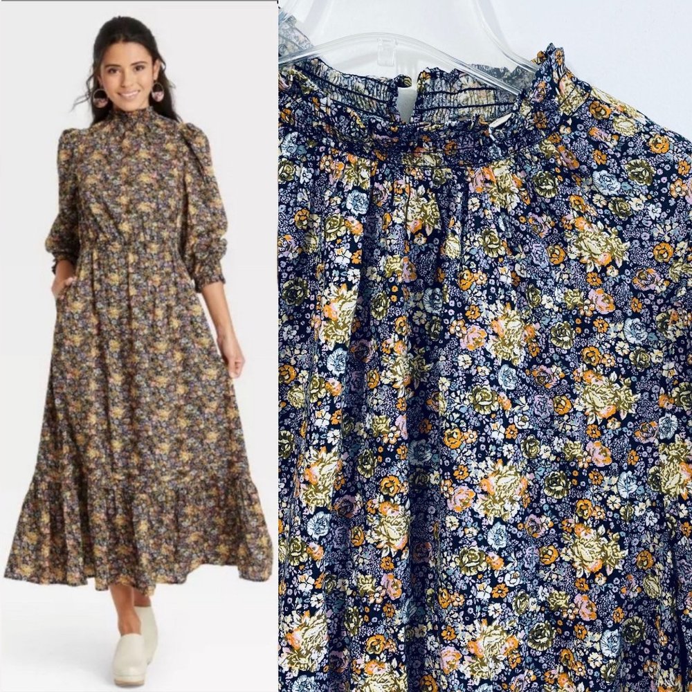 Universal Thread Women's Dress XS Maxi Floral Print Multi Color Long Sleeve New